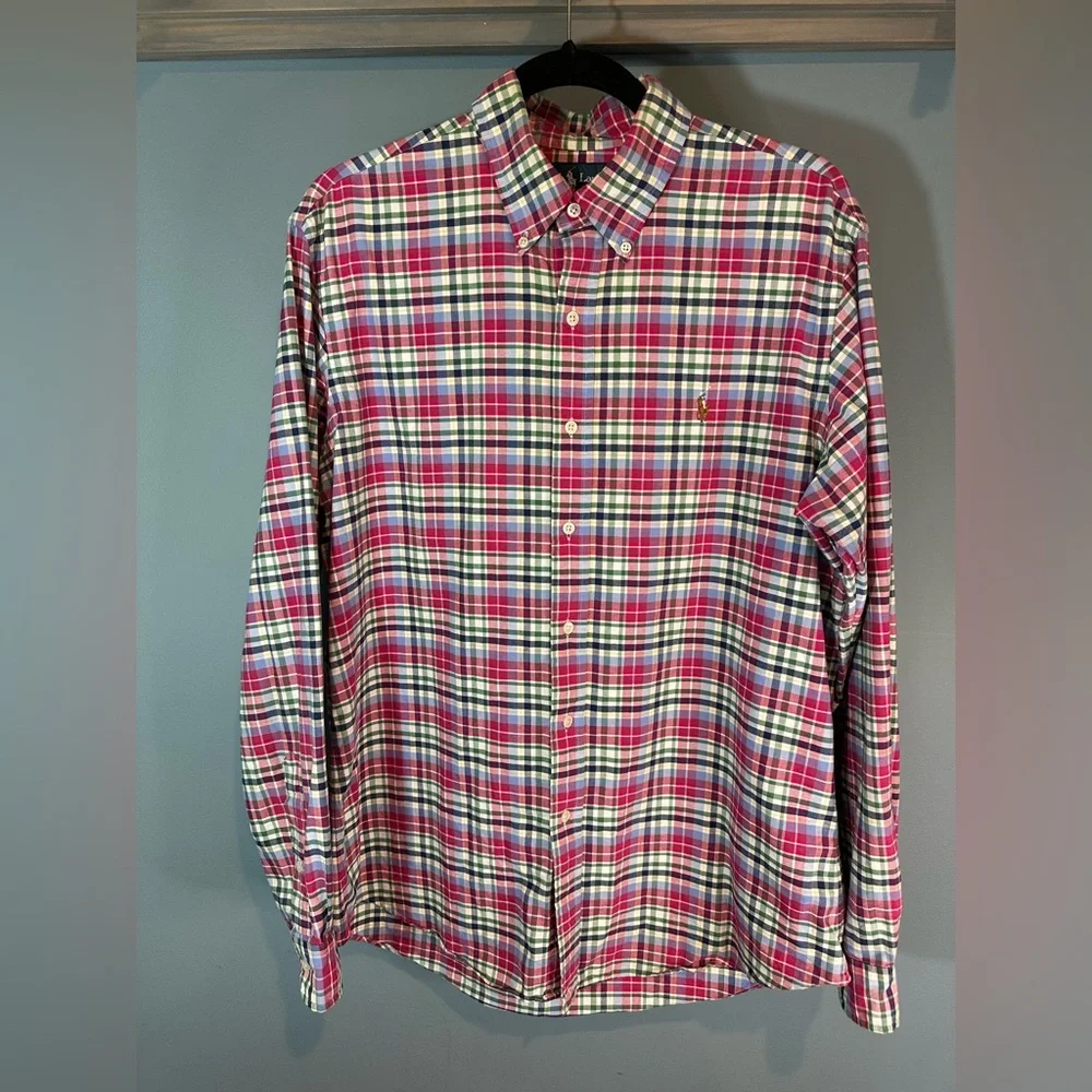 Ralph Lauren Custom Fit Plaid Button Down Shirt in Red/Blue/Green